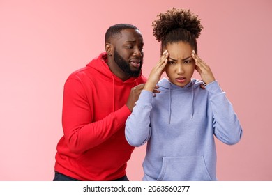 African American Couple Have Fight Arguing Woman Fed Up Cannot Hear Apologize Anymore Hold Hands Temples Frowning Pressured Annoyed Man Begging Forgiveness Behind Back Supplicating Say Sorry