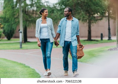 african american couple with picnic basket holding hands while walking in park