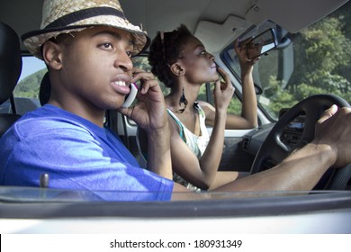 African American Couple Roadtrip In A Car
