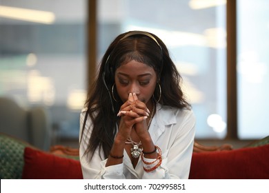 African American Customer Service Girl, Praying, Headache, Black Female Assistant, Depressed Support Helpdesk Agent, Microphone Sales Communication 