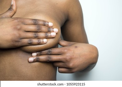 African American Dark Skin Woman Checking Her Breast, Breast Self-Exam (BSE), How Do I Check Breast Concept, Breast Cancer Awareness Healthy Girl, Woman Healthy Lifestyle Medical Awareness For Lumps