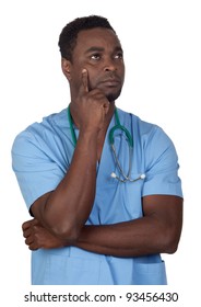 African American Doctor With Blue Uniform Thinking Isolated On A Over White Background