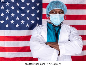 African American Doctor With Face Mask Crossed, Usa Flag