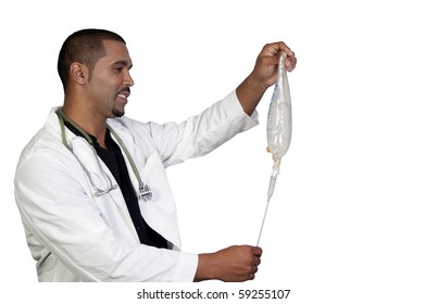 An African American Doctor Holding An IV Bag