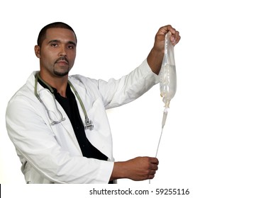 An African American Doctor Holding An IV Bag