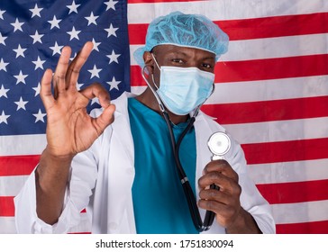 African American Doctor With Mask And Glasses On July 4,