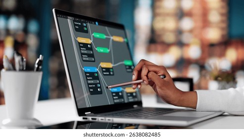 African American Engineer Utilizing Node Editor For AI Business Research.