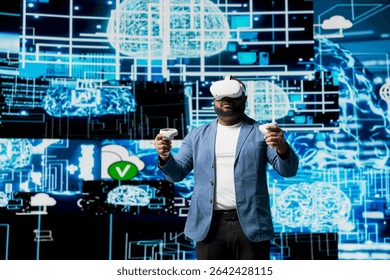 African American engineer working on machine learning with virtual reality tools, implementing models and intelligent systems via neural networks. Programming and cloud computing. - Powered by Shutterstock - Get 15% off with code: PIKWIZARD15