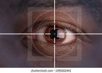 African American Eye Close Up With Digital Augmentation, Eye Surgery Concept