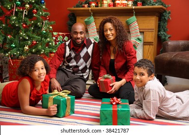 African American Family By Christmas Tree