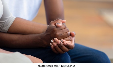 African american family couple holding hands, black man friend husband support comfort woman wife, hope empathy concept, trust care in marriage relationship, honesty and understanding, close up view