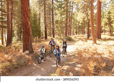 African American Family Cycling Through Fall Woodland