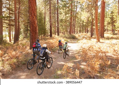 African American Family Cycling Through Fall Woodland