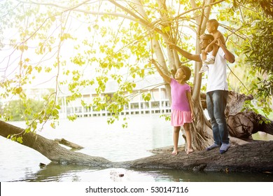 African American Family Pointing Up The Sky And Standing On Tree Around The Lake