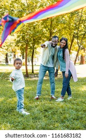 African American Father Pointing On Flying Kite To Daughter In Park