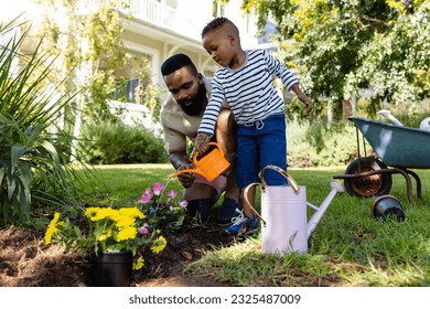 African american father with son watering flower pots and plants in yard. Unaltered, family, togetherness, love, childhood, gardening, organic, care, weekend and nature concept. - Powered by Shutterstock