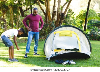 African american father watching son pitching tent in sunny garden. family spending time at home. - Powered by Shutterstock