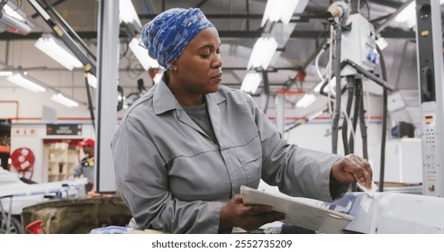 African American female car mechanic working in a township workshop, painting a body of a car in slow motion - Powered by Shutterstock