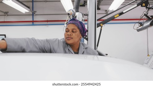 African American female car mechanic working in a township workshop, cleaning the roof of a car with a rag in slow motion - Powered by Shutterstock