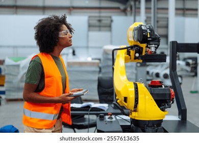 African american female engineer uses a tablet to control a robotic arm in a modern factory, showcasing innovation and automation