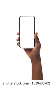 African american female hand holding smartphone with blank screen, isolated on white background. Copy space for advertisement of mobile app, mockup - Shutterstock ID 1519485902