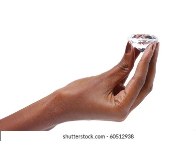 African American Female hand holding diamond over white background