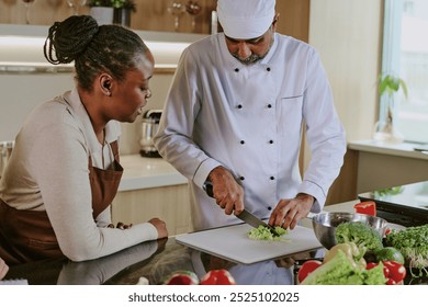 African American female intern watching professional Indian chef cutting vegetable in modern kitchen - Powered by Shutterstock