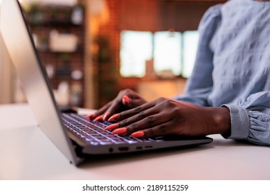 African American Female Student Typing Message On Laptop Keyboard, Close View On Hands. Young Project Manager Browsing Internet, Writing Email On Computer, Focus On Manicured Nails