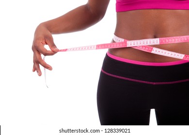 African American Fitness Woman Measuring Her Belly, Isolated On White Background