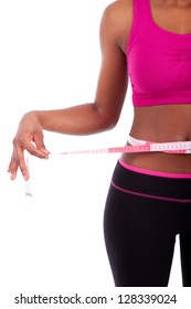 African American Fitness Woman Measuring Her Belly, Isolated On White Background