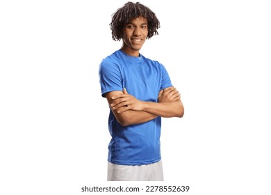 African american football player in a blue top posing and looking at camera isolated on white background - Powered by Shutterstock
