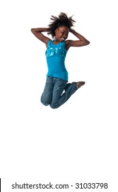 African American Girl Jumping Very High And Happy.