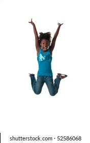 African American Girl Jumping Very High And Happy.