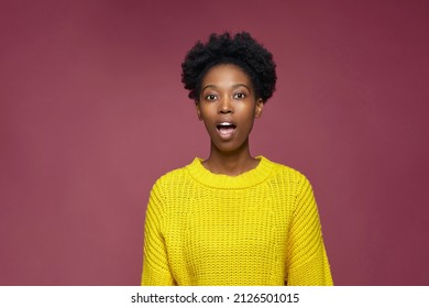 African american girl say wow, surprised amazed, shocked with good news, unbelievable luck, jackpot, good sale offer - Shutterstock ID 2126501015