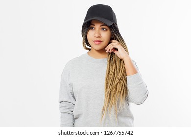 African american girl in template blank sweatshirt and cap isolated on white background. Front pullover and hat view. Copy space and mock up. Place for adverising