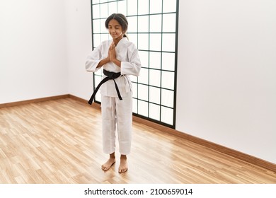 African American Girl Wearing Kimono Training Karate At Sport Center