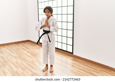 African American Girl Wearing Kimono Training Karate At Sport Center