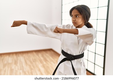 African American Girl Wearing Kimono Training Karate At Sport Center