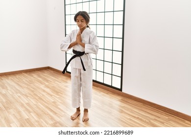 African American Girl Wearing Kimono Training Karate At Sport Center