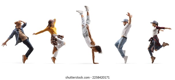 African american guy performing a handstand and other people dancing isolated on white background