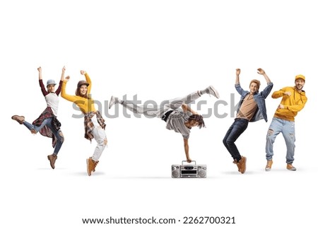 African american guy performing handstand with a boombox and other people dancing isolated on white background