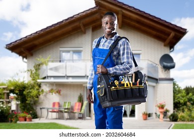 African American Handyman With Repair Box Or Toolbox