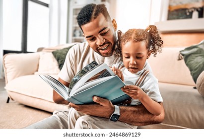 African american happy family dad and daughter studying together. A man talks to a child. A girl examines a book with interest. - Powered by Shutterstock