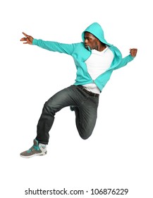 African American Hip Hop Dancer Jumping Isolated Over White Background