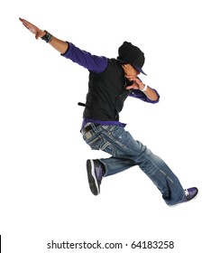 African American Hip Hop Dancer Jumping Isolated Over White Background