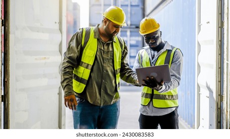 African American Industrial Engineer and Asian Supervisor in Hard Hats and Safety Vests Opening a Shipping Cargo Container in Logistics Terminal. Supervisor Presenting containers for shipping, import - Powered by Shutterstock