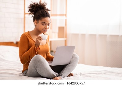 African American Lady Using Laptop Having Coffee Sitting On Bed At Home Relaxing On Weekend Morning. Empty Space, Selective Focus