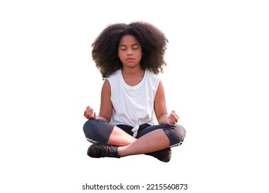 African American little girl doing meditate yoga asana with eyes closed on white background. Kids girl practicing doing yoga - Powered by Shutterstock