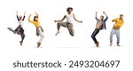 African american male dancer between male and female caucasian dancers isolated on white background