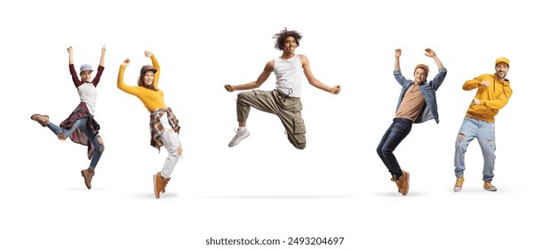 African american male dancer between male and female caucasian dancers isolated on white background